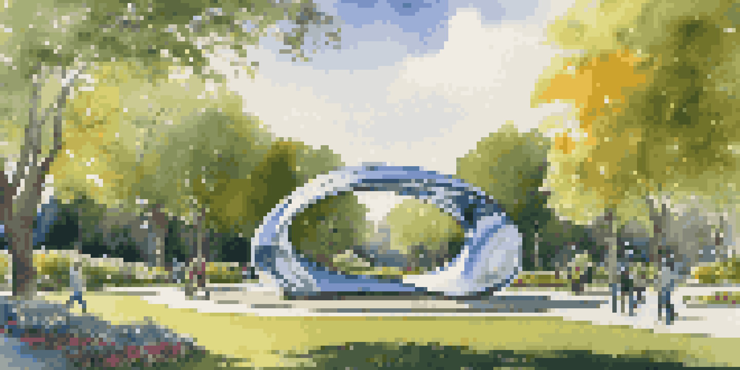 A shiny metal sculpture in a vibrant green park, with trees and flowers around it, and people walking nearby.