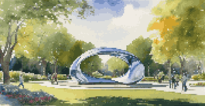 A shiny metal sculpture in a vibrant green park, with trees and flowers around it, and people walking nearby.