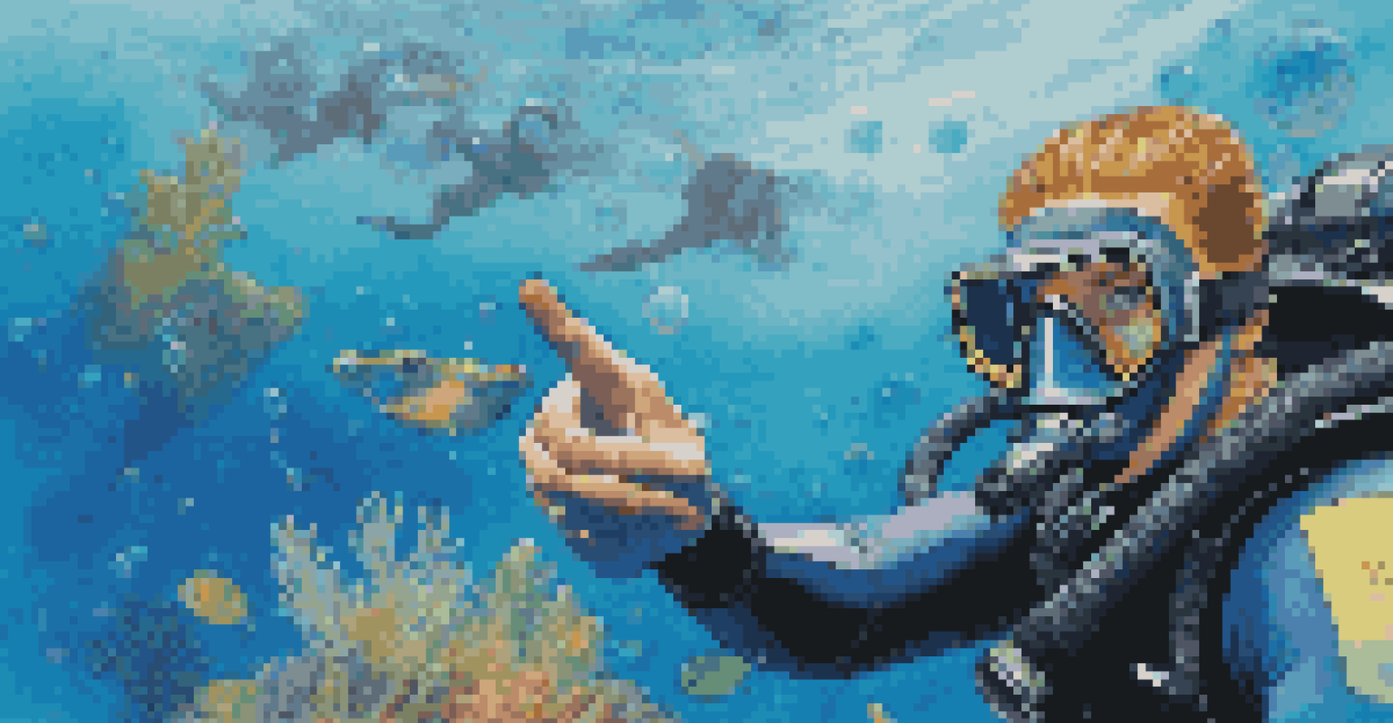 A dive master in a wetsuit pointing to a unique marine creature, with a group of divers observing in the background.
