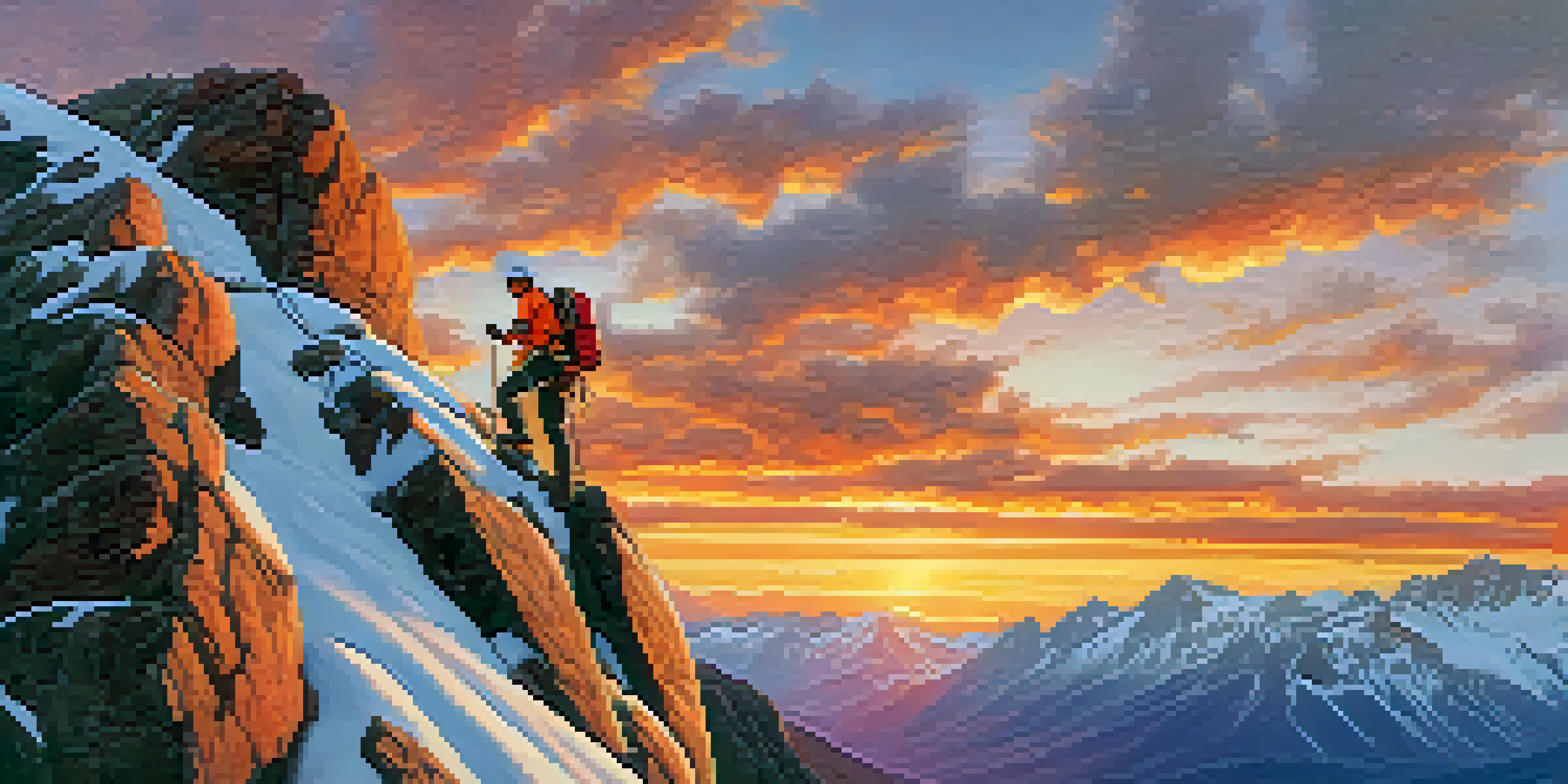 A climber on a mountain face at sunrise, wearing safety gear and surrounded by colorful sky and rugged rocks.