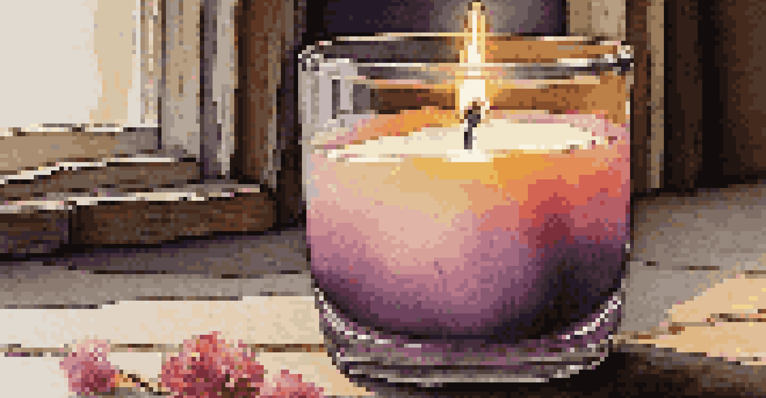 A close-up of a vibrantly colored candle on a rustic wooden table, with soft light illuminating the wax textures.