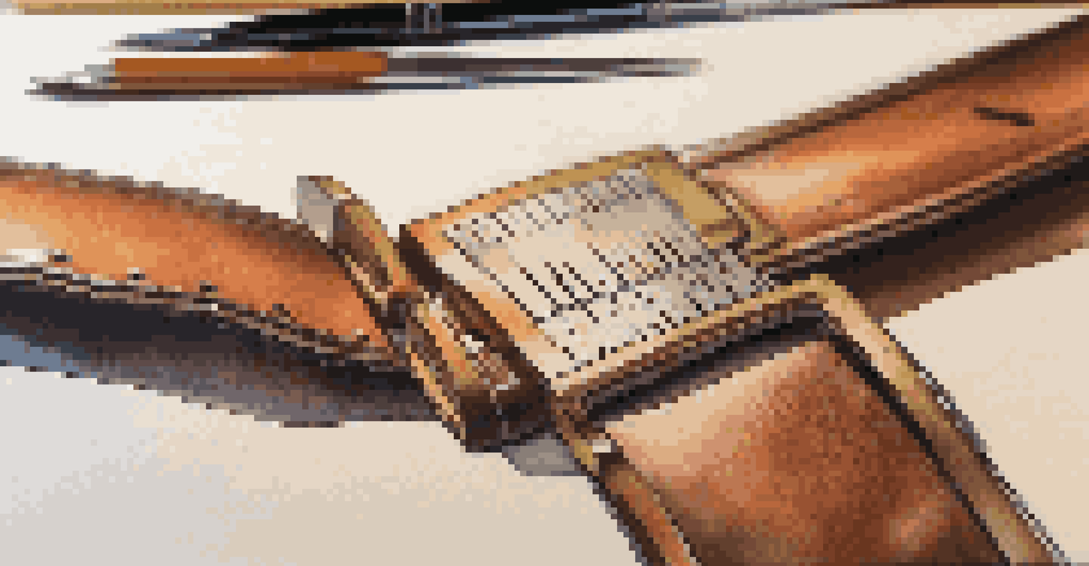 A close-up of a leather piece being measured and cut for belt making, with tools visible in the background.