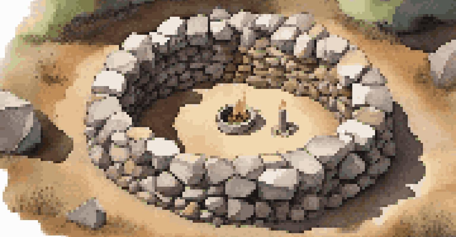 An overhead view of a campfire ring made of stones, with tinder and kindling arranged inside, set in a clear area on the ground.