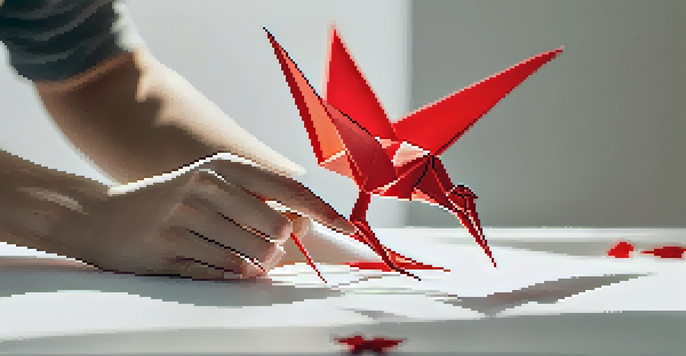 A close-up of hands folding a red origami crane on a white surface, showcasing the paper's texture and folds.
