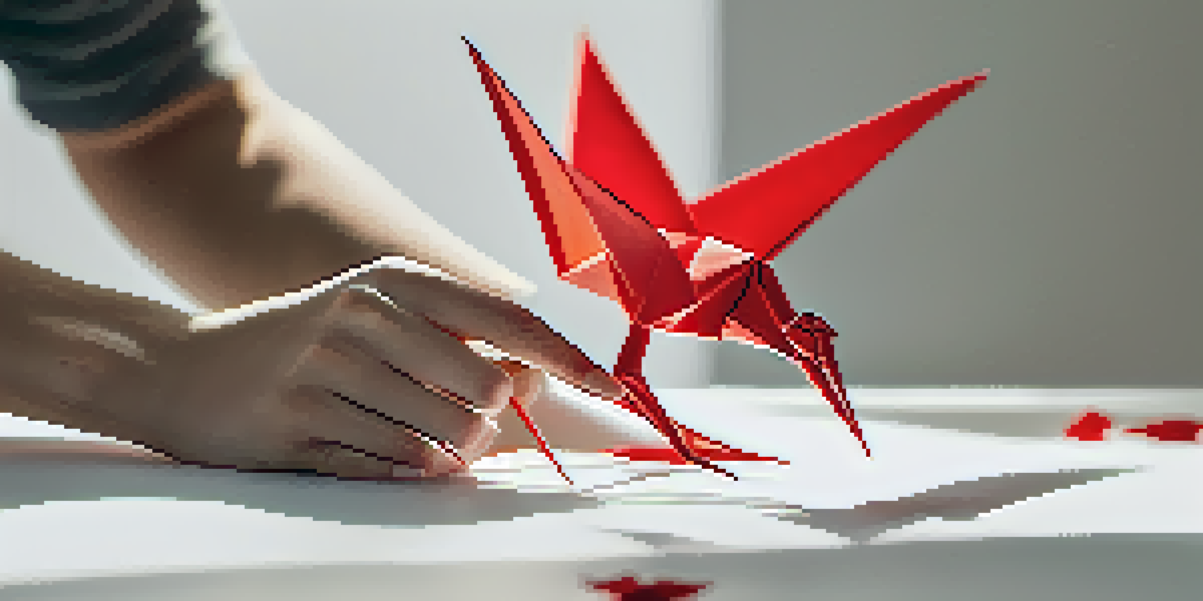 A close-up of hands folding a red origami crane on a white surface, showcasing the paper's texture and folds.
