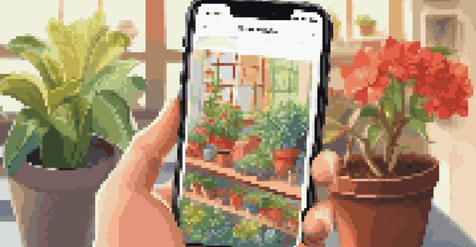 A smartphone showing a gardening app, surrounded by potted plants and gardening tools in a sunlit room.