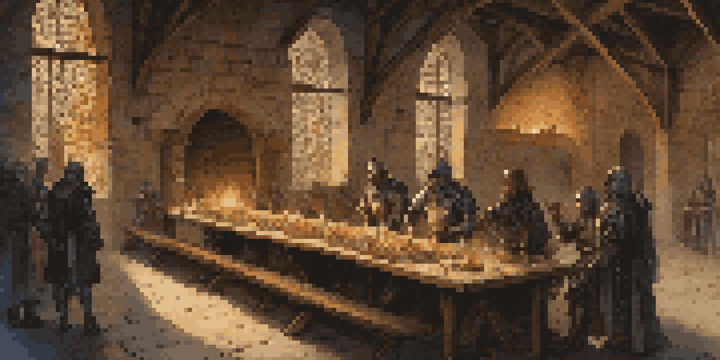 An interior view of a medieval castle with stone walls, torches, and knights in armor. A wooden table is set for a feast, and a window shows a starry night sky.
