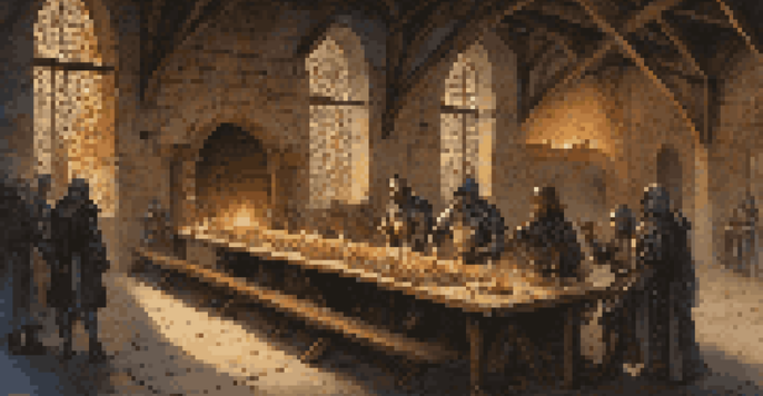 An interior view of a medieval castle with stone walls, torches, and knights in armor. A wooden table is set for a feast, and a window shows a starry night sky.