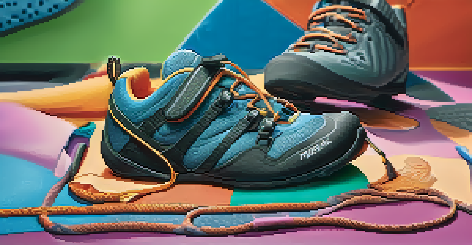 A close-up of colorful climbing shoes and harnesses on a textured gym mat, with climbing holds slightly blurred in the background.