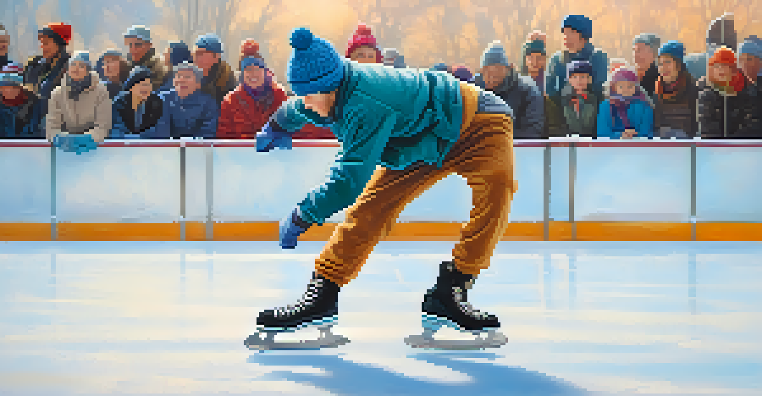 A skater in winter attire adjusting their skates at the edge of an ice rink with others skating in the background.