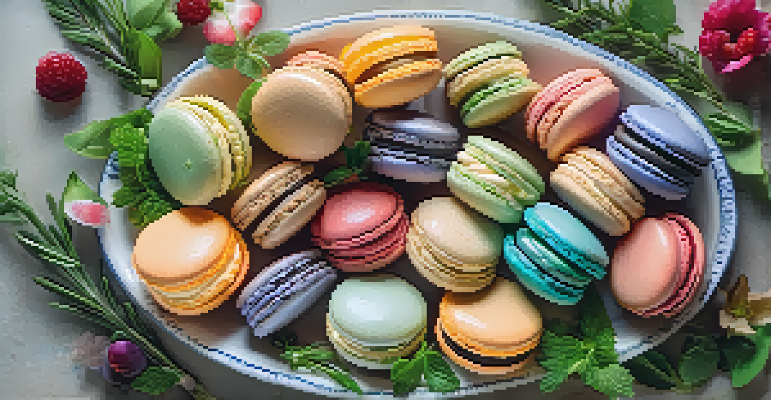 A platter of colorful macarons surrounded by fruits and herbs, viewed from above.