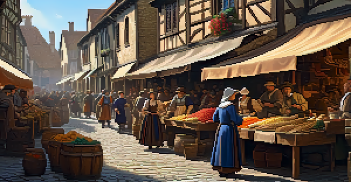 A lively medieval market with reenactors in colorful costumes, merchants selling goods, and blacksmiths working in the background under warm sunlight.
