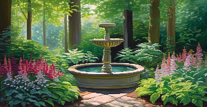 A vibrant shade garden with diverse plants, dappled sunlight, and a birdbath surrounded by flowers and butterflies.