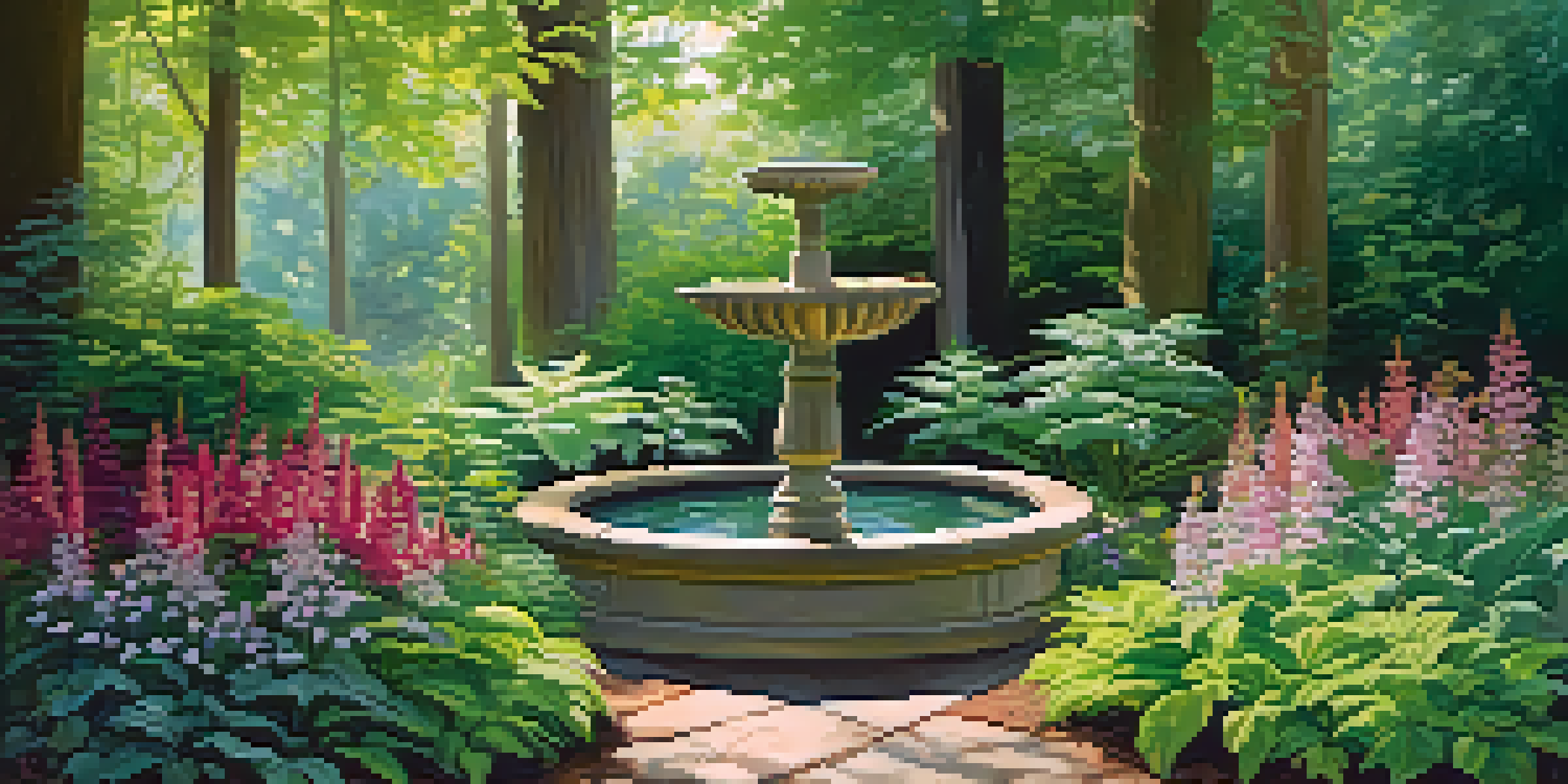 A vibrant shade garden with diverse plants, dappled sunlight, and a birdbath surrounded by flowers and butterflies.
