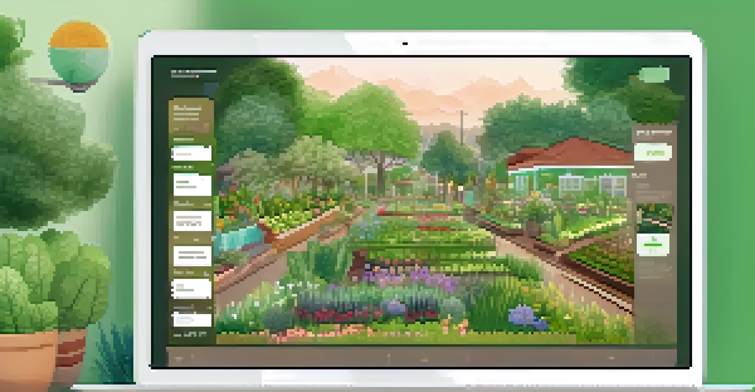 A screenshot of a gardening app's community forum with images of gardens and plant care tips, set against a natural background.
