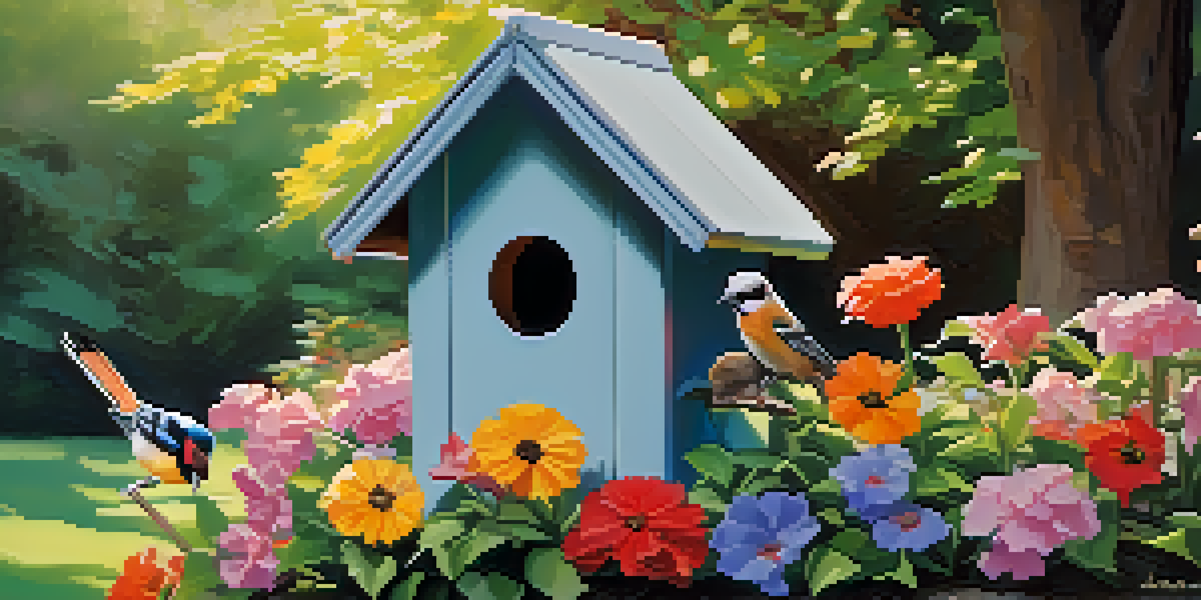 A peaceful backyard with a birdhouse surrounded by colorful flowers and birds, illuminated by soft morning sunlight.