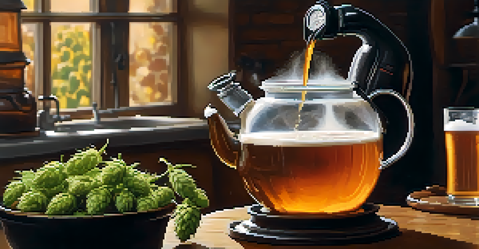 A home brewer adding hops to a boiling kettle in a warmly lit kitchen.