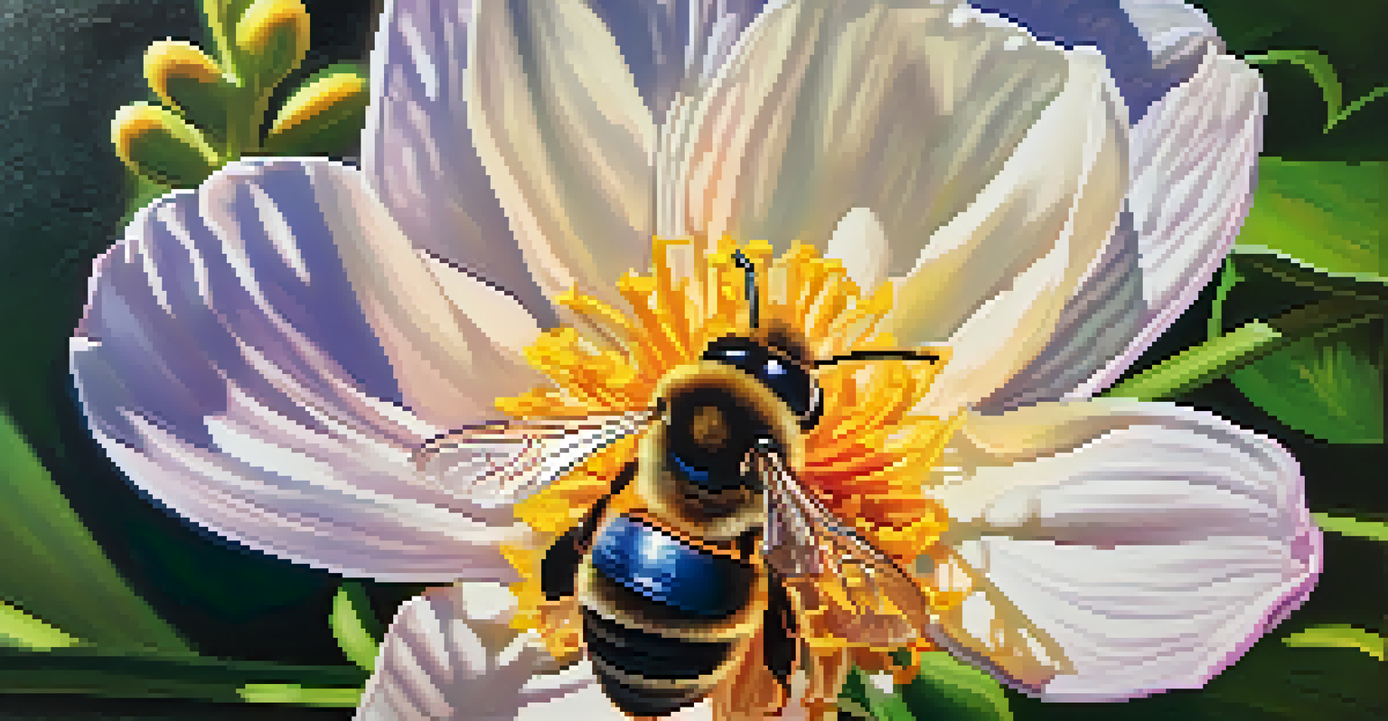 A close-up shot of a bee on a flower, highlighting the pollination process in a lush green garden, with sunlight illuminating the scene.