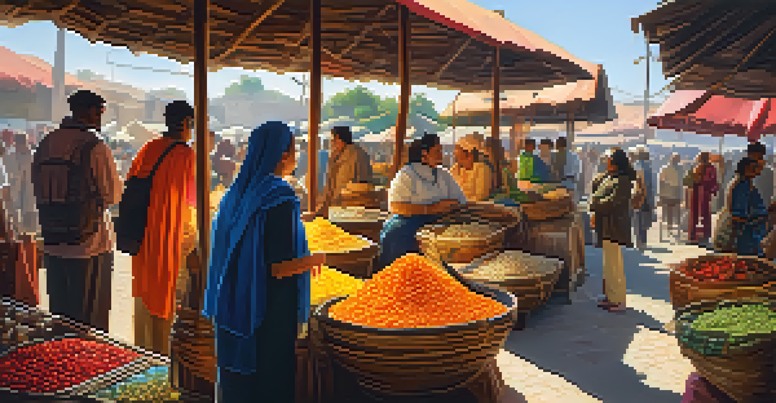 Travelers interacting with local artisans in a colorful market filled with handmade crafts.
