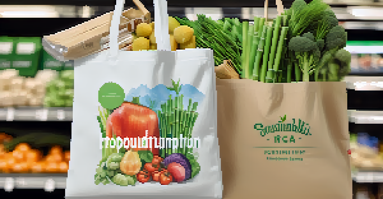 A close-up of a hand holding a reusable shopping bag filled with eco-friendly products against a soft-focused grocery store background.