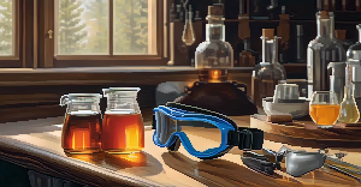 Close-up of protective goggles and heat-resistant gloves on a countertop with distilling tools around.