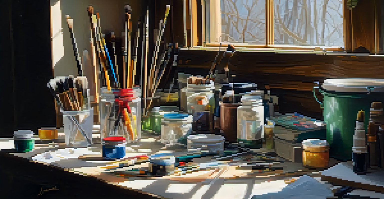 An artist's workspace with various mixed media materials, including paint, fabric scraps, and natural elements, illuminated by sunlight.