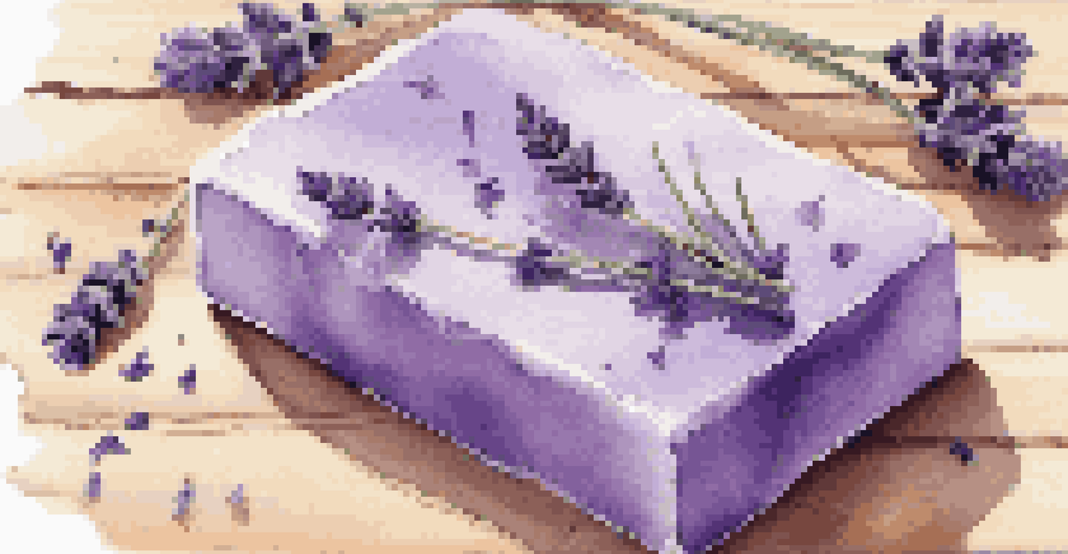 A close-up of a lavender-themed soap bar with dried lavender flowers, placed on a wooden surface with soft lighting.