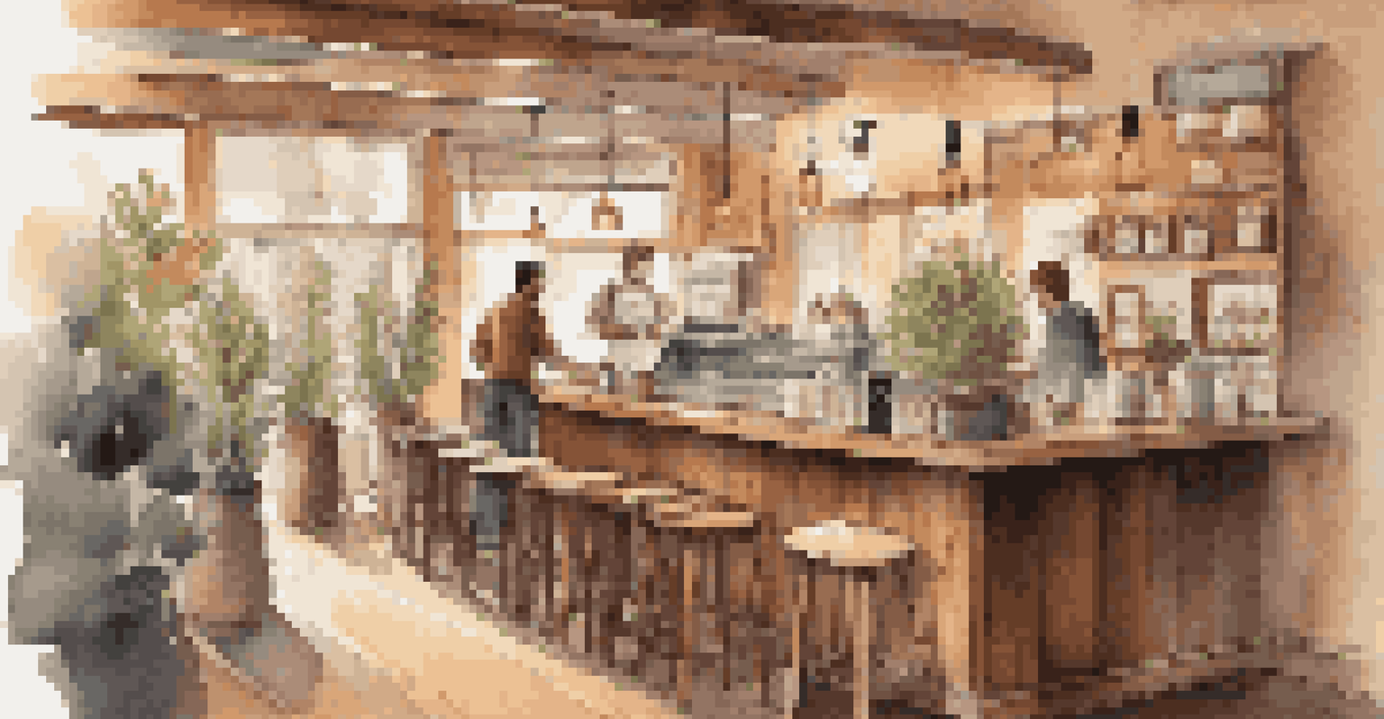 A cozy coffee shop with rustic wooden tables and warm lighting, barista preparing coffee, and patrons enjoying their drinks.