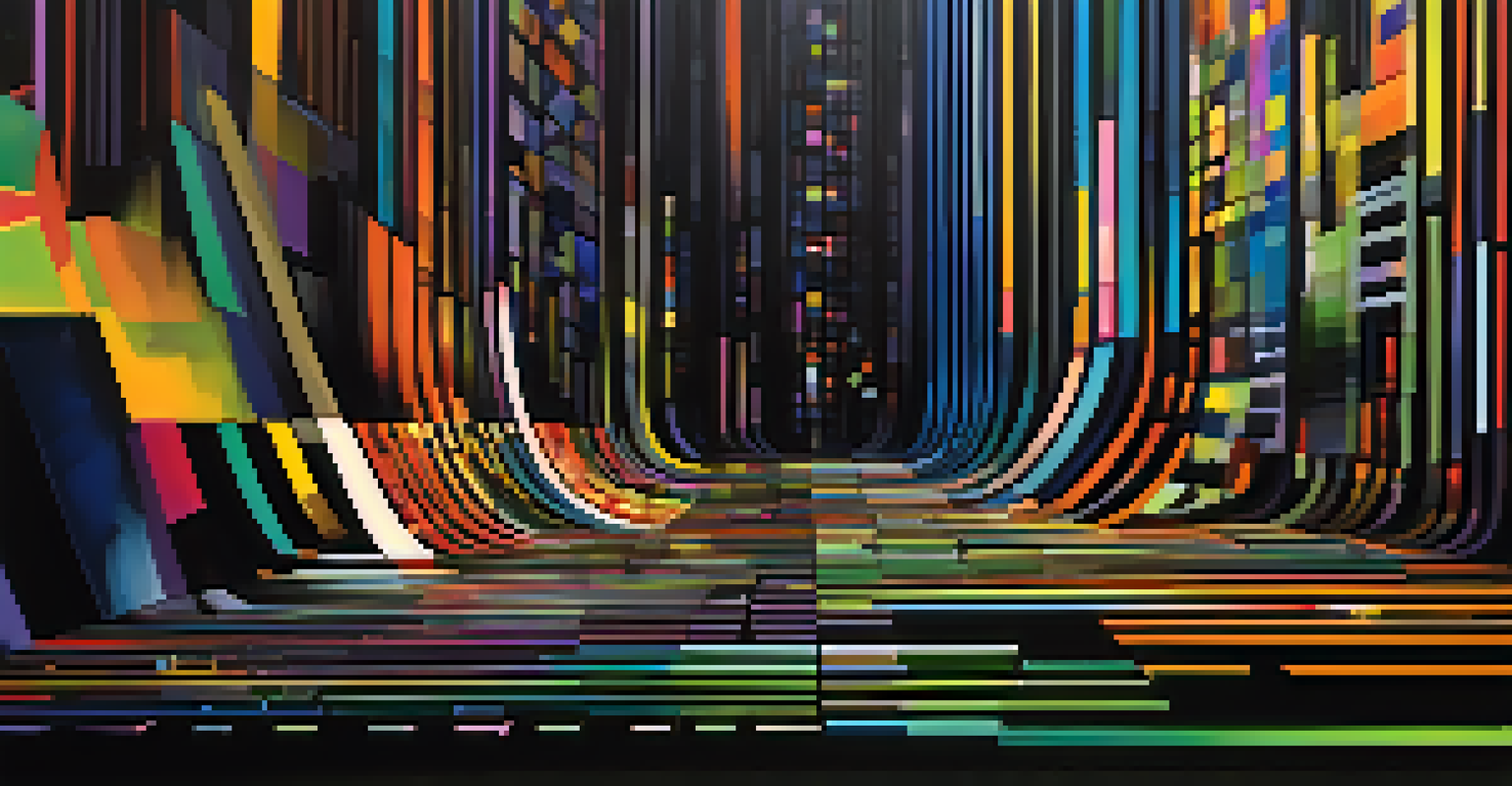 An abstract design with colorful geometric shapes and patterns against a dark background, symbolizing the vibrancy of creative coding.