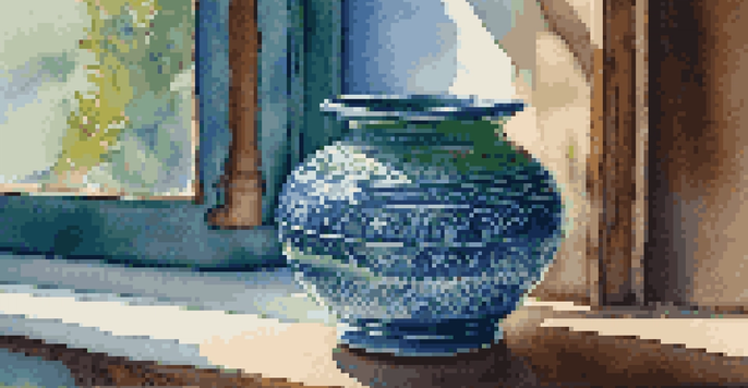 A close-up of a glossy glazed ceramic pottery piece with blue and green colors on a wooden table, illuminated by soft natural light.