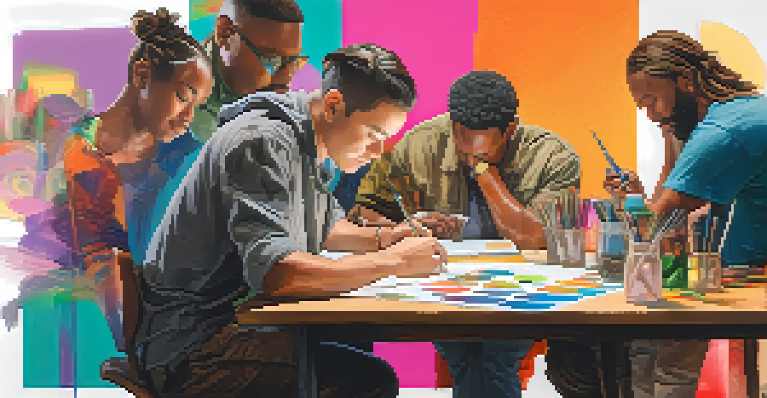 An artist experimenting with voices, surrounded by colorful character sketches and a microphone, showing concentration.