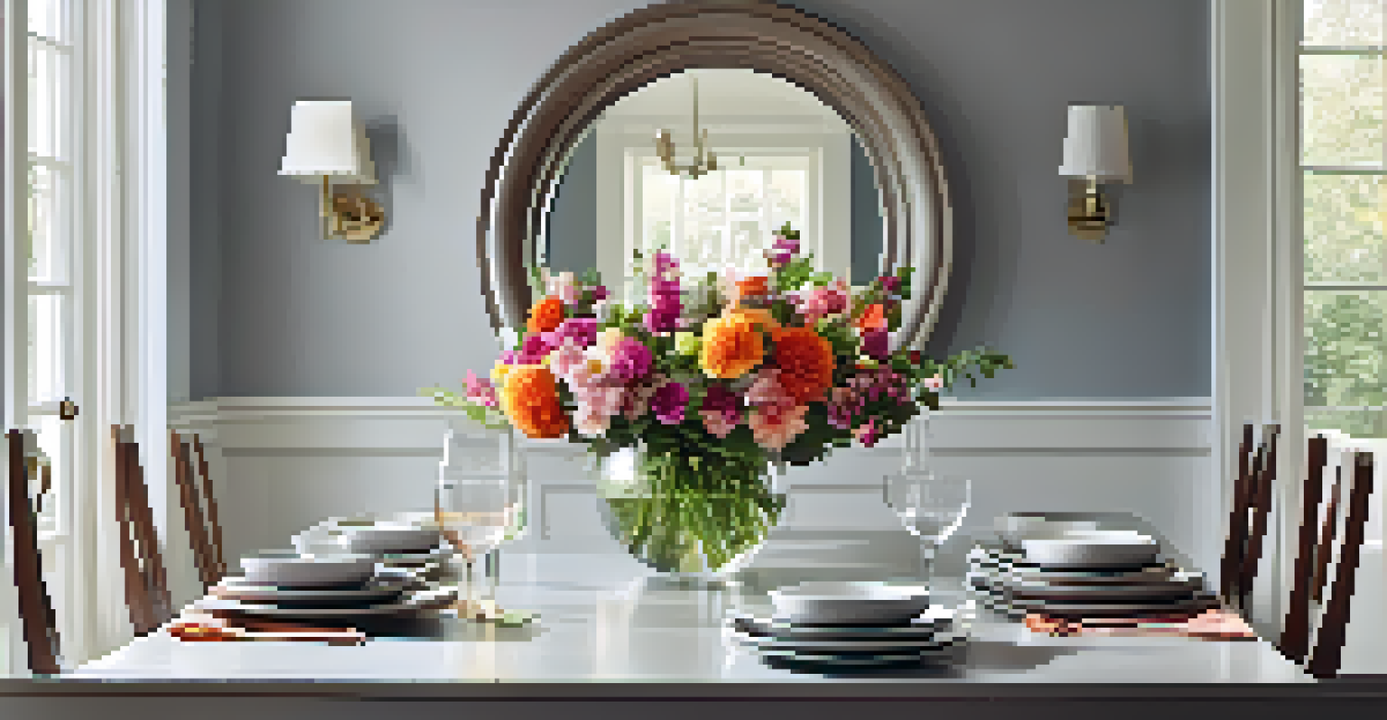A dining area with a round mirror reflecting sunlight, a light-colored table setting, and vibrant flowers, creating an elegant atmosphere.