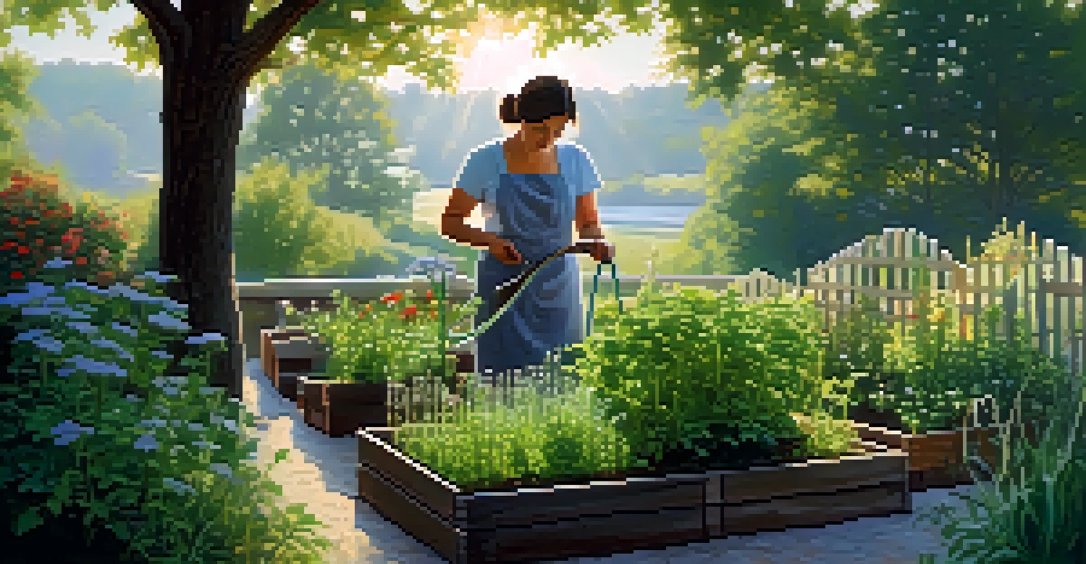 A person watering an outdoor herb garden in the morning light, with various herbs like parsley and thyme in raised beds.