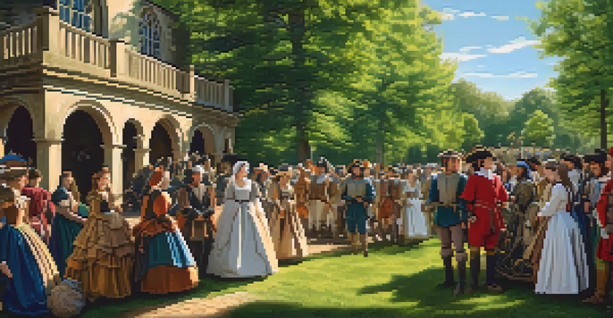 A lively Renaissance reenactment scene in a park with participants in detailed costumes, set against a sunny backdrop of trees and a wooden structure.