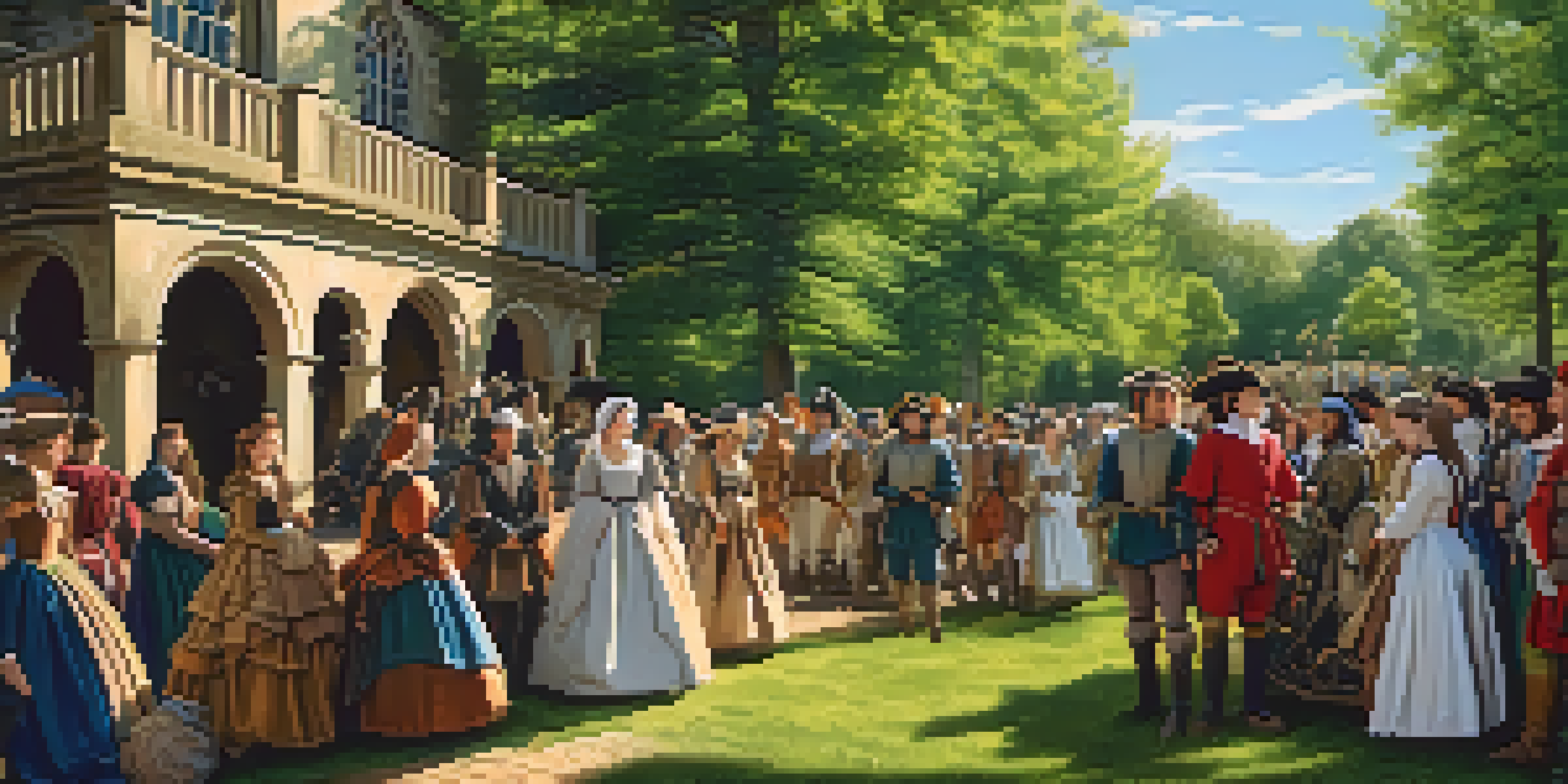 A lively Renaissance reenactment scene in a park with participants in detailed costumes, set against a sunny backdrop of trees and a wooden structure.