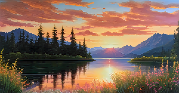 A sunset over a calm lake with vibrant colors reflecting on the water, surrounded by greenery and distant mountains.