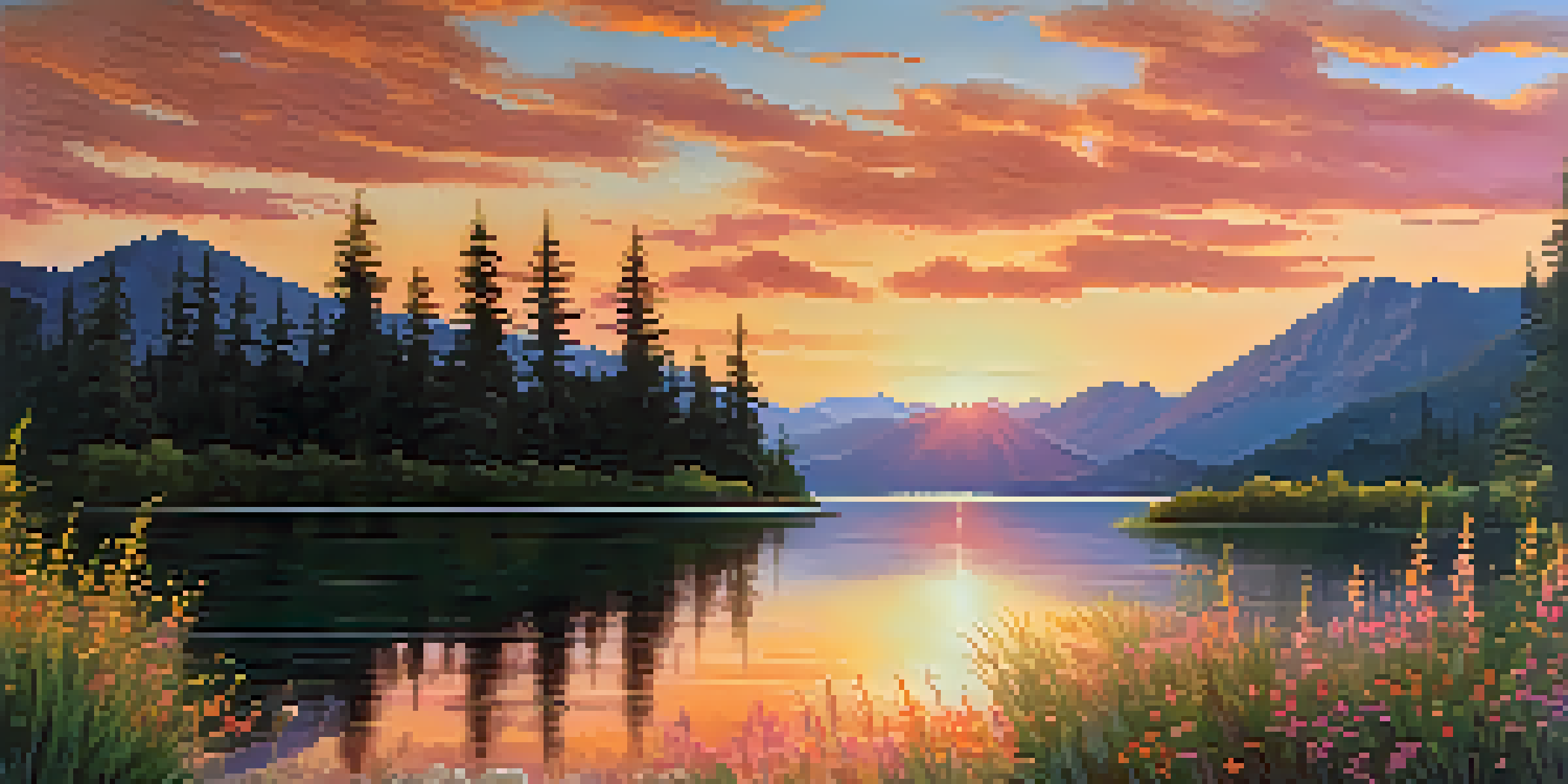 A sunset over a calm lake with vibrant colors reflecting on the water, surrounded by greenery and distant mountains.