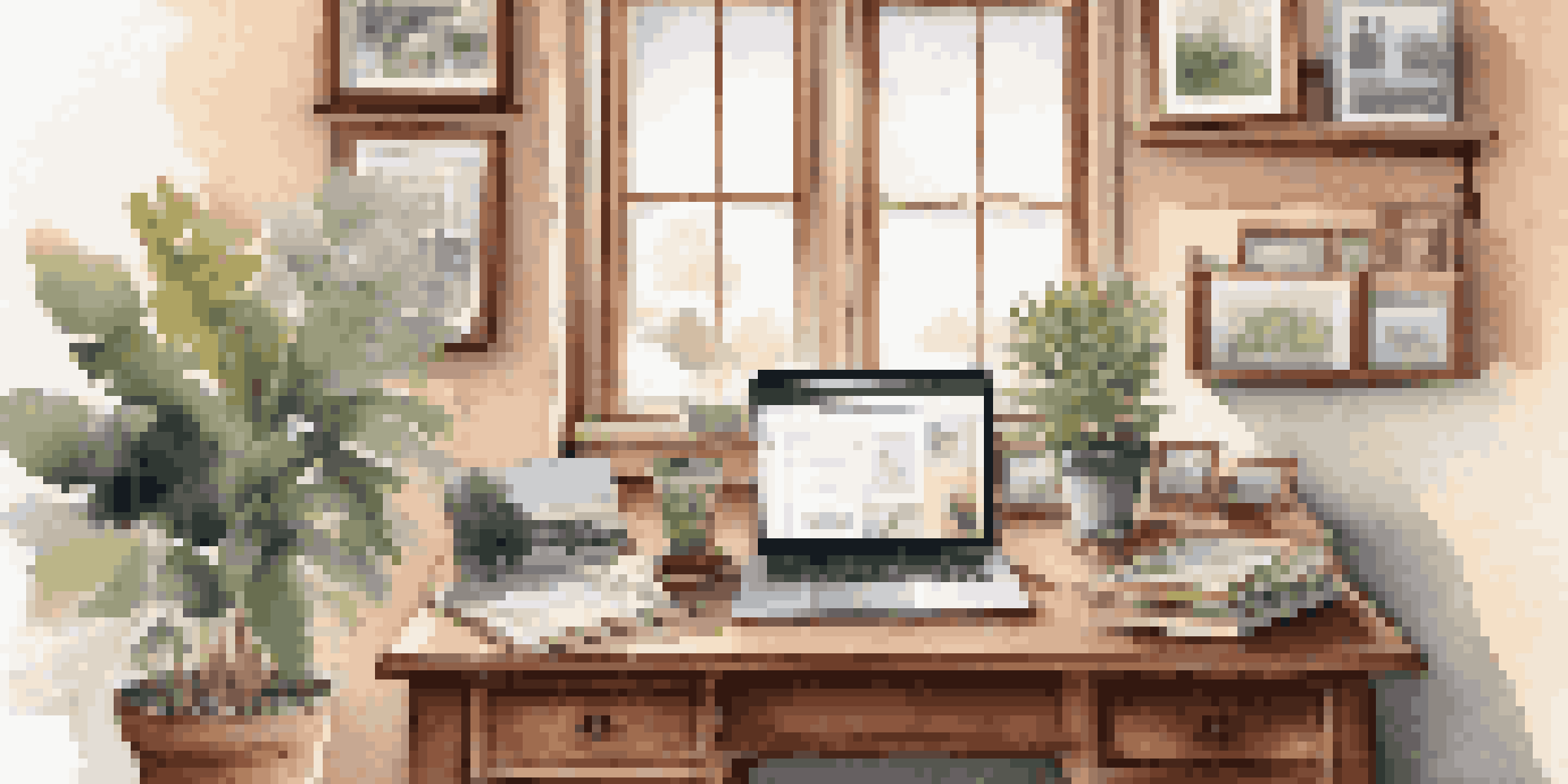 A warm home office with a vintage desk, laptop, and family photos, illuminated by natural light.