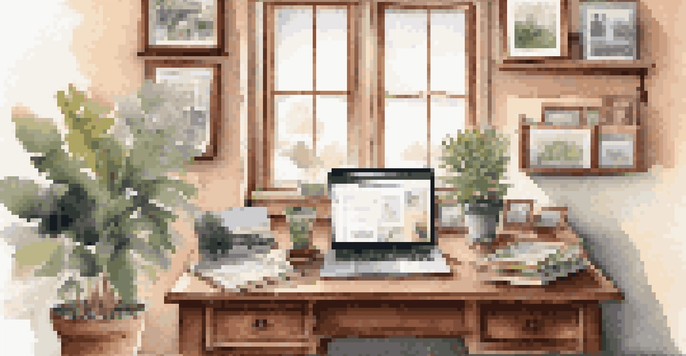 A warm home office with a vintage desk, laptop, and family photos, illuminated by natural light.