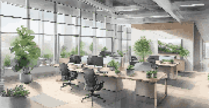 An architectural office with architects working together, large windows, and VR technology.