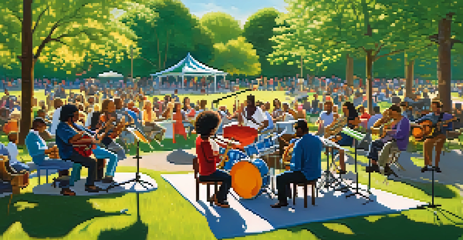 Diverse musicians playing instruments in a sunny park during a jam session.