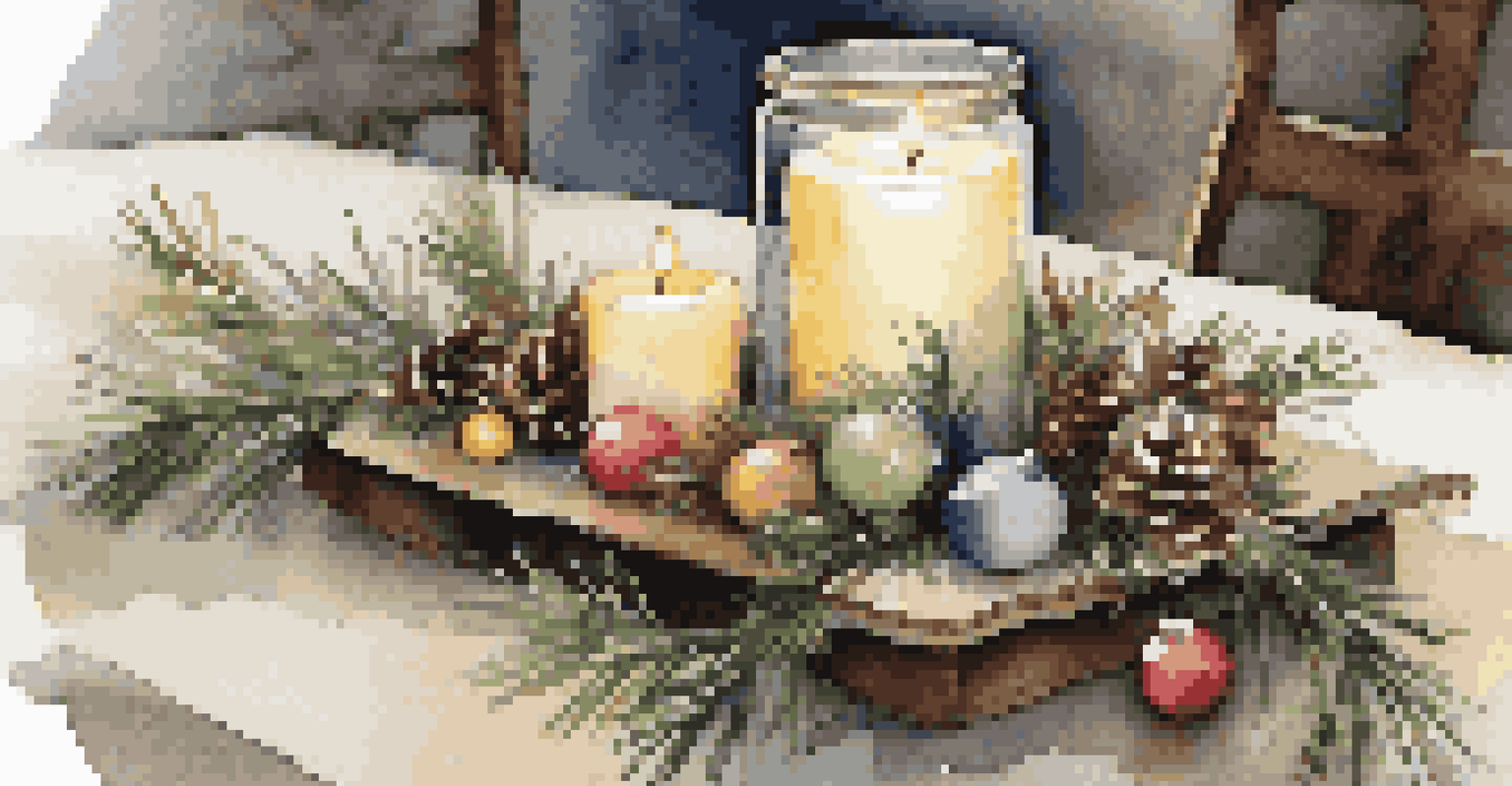 A holiday table centerpiece with a glass jar of ornaments and a candle, set with wooden chargers and white plates.