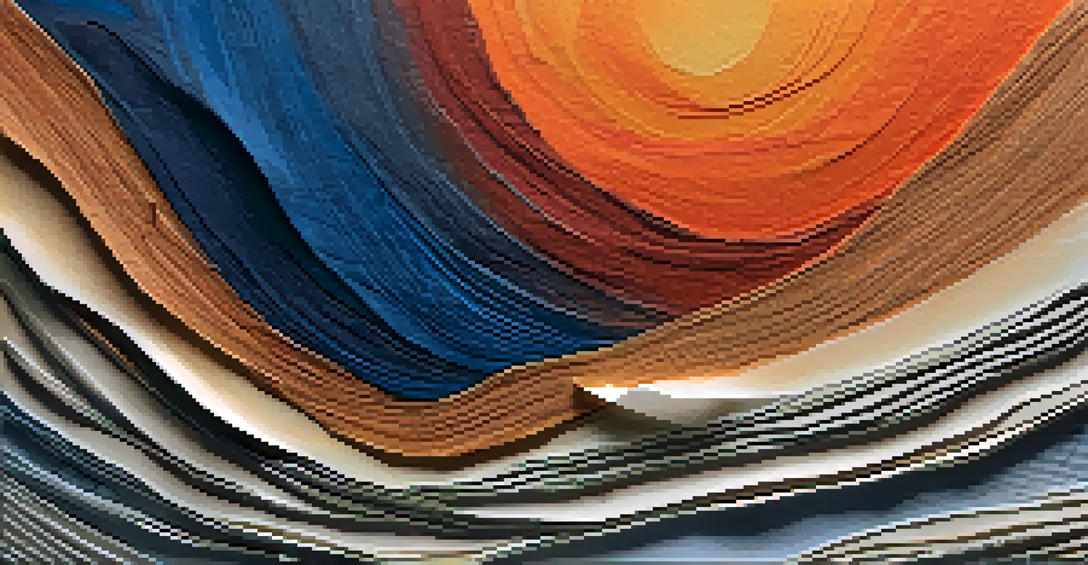 A close-up of a mixed media artwork with sand, fabric, and paper textures, featuring a sunset gradient of colors over a landscape.