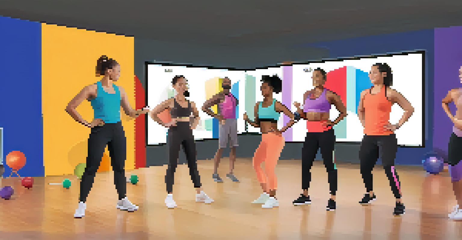 A virtual fitness class with diverse participants exercising and a dynamic instructor leading the session.