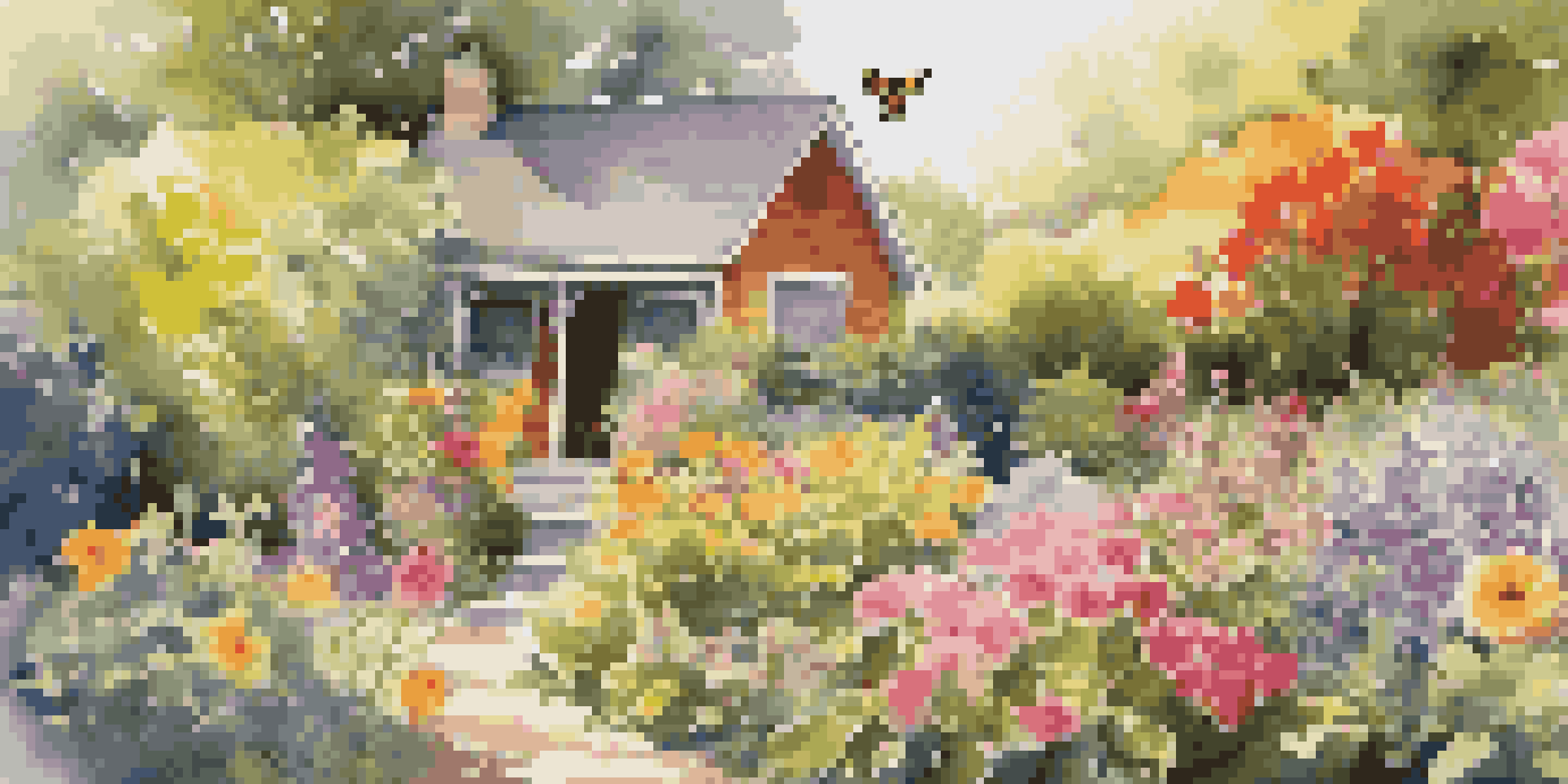 A colorful backyard garden with various flowers, bees, and butterflies, featuring a bird feeder and a bee hotel under sunlight.