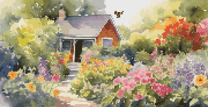 A colorful backyard garden with various flowers, bees, and butterflies, featuring a bird feeder and a bee hotel under sunlight.