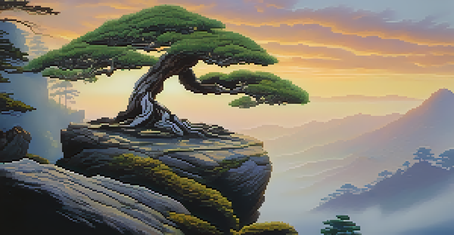 A Cascade bonsai tree with a downward extending trunk, set against a backdrop of misty mountains and a sunset.