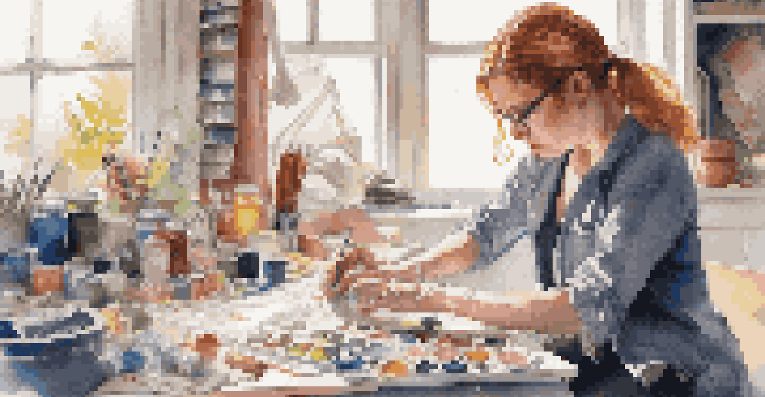 A cosplayer working on an eco-friendly costume, surrounded by crafting materials and tools in a well-lit workspace.