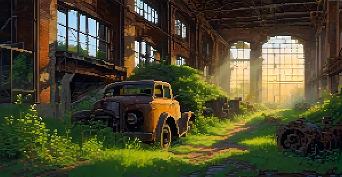 An abandoned factory surrounded by nature, with sunlight shining through broken windows and overgrown greenery.