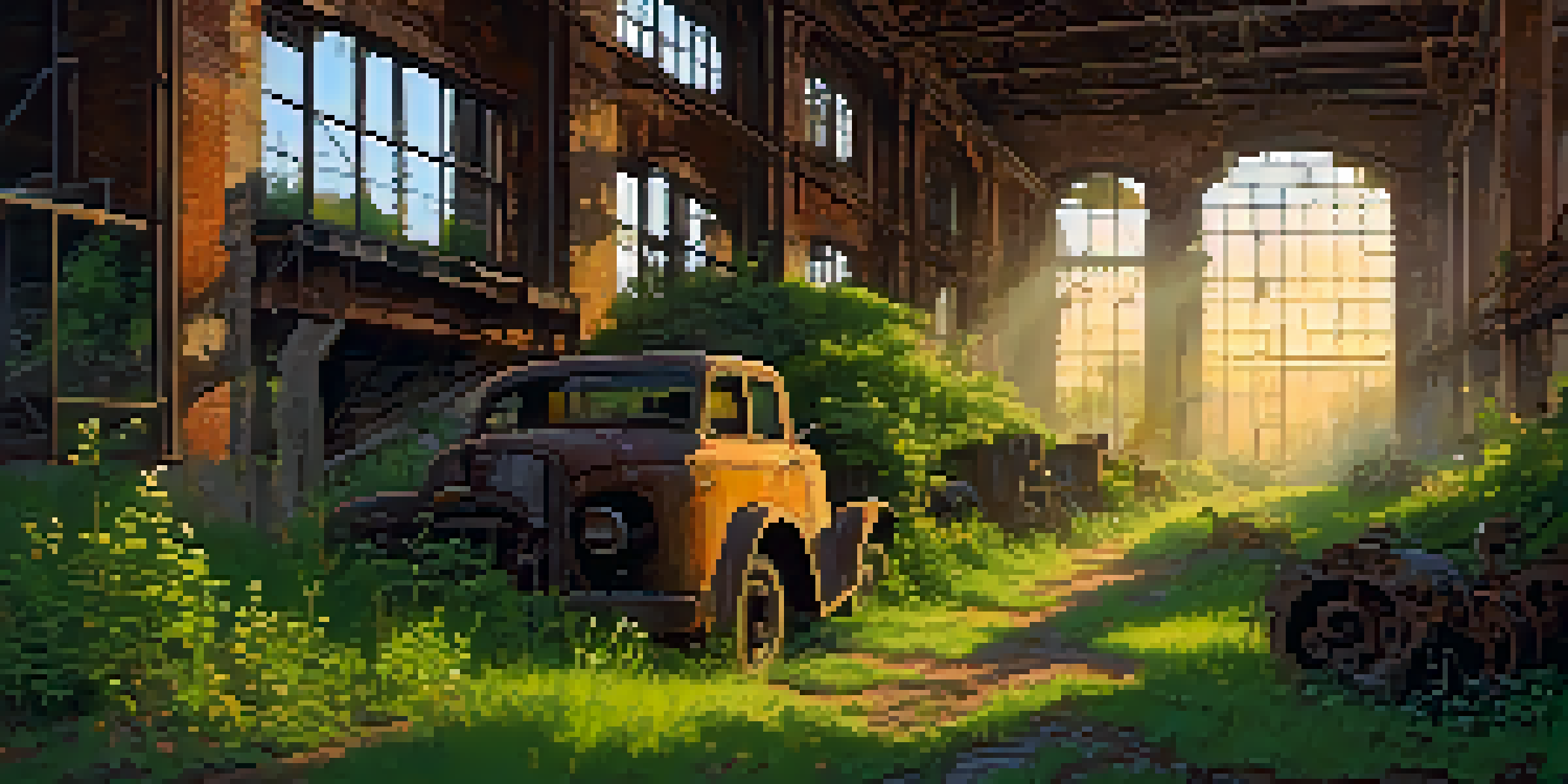 An abandoned factory surrounded by nature, with sunlight shining through broken windows and overgrown greenery.